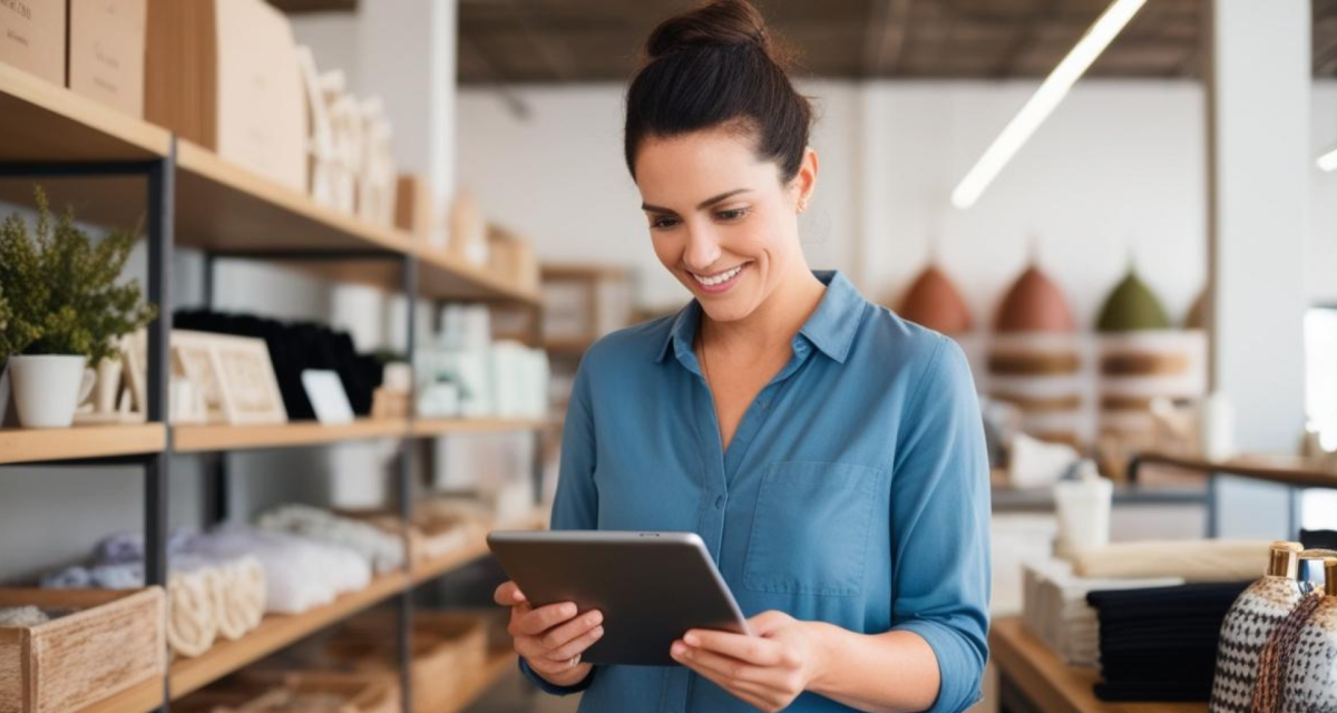 Leonardo Phoenix prompt: Photo of a small business owner taking inventory on a tablet for a lifestyle shop.