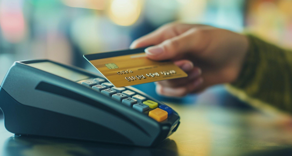 Midjourney prompt: Close up portrait in landscape orientation of a person’s hand holding a credit card over a payment terminal.