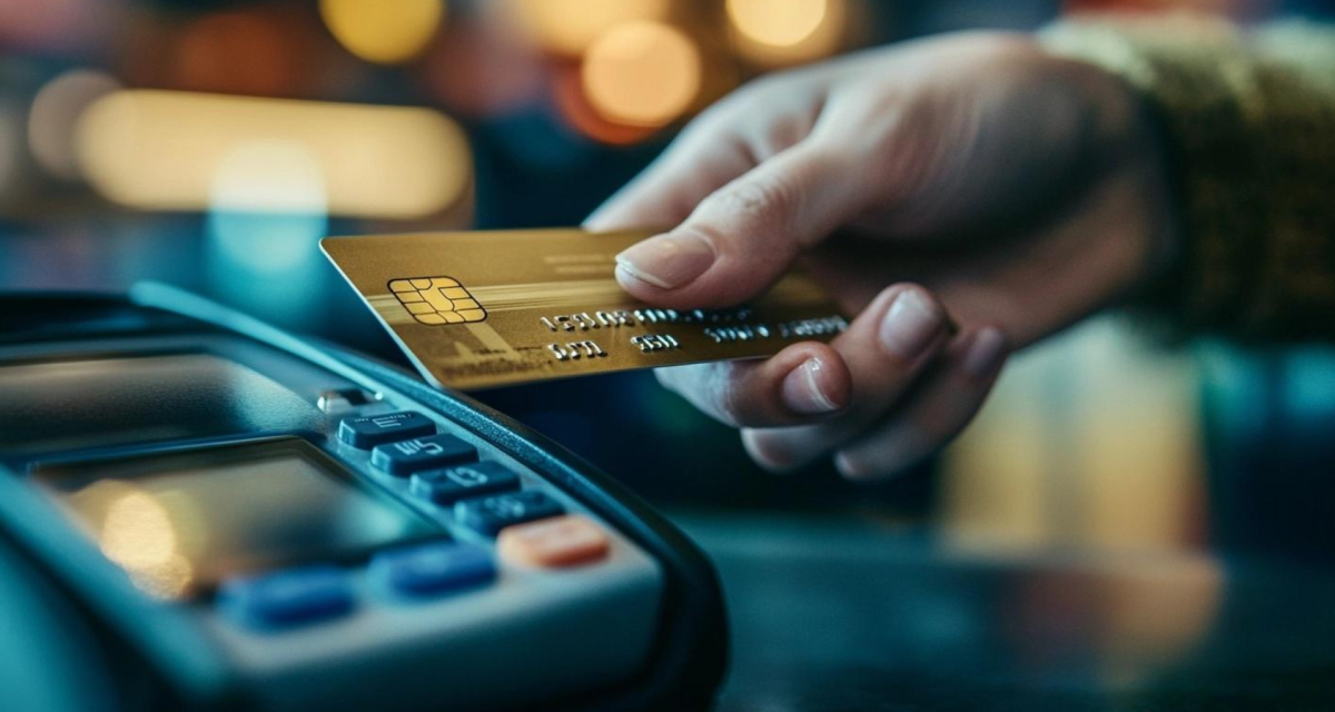 Midjourney prompt: Close up portrait in landscape orientation of a person’s hand holding a credit card over a payment terminal.