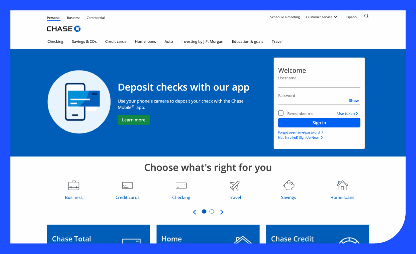 Screenshot of Chase's home page