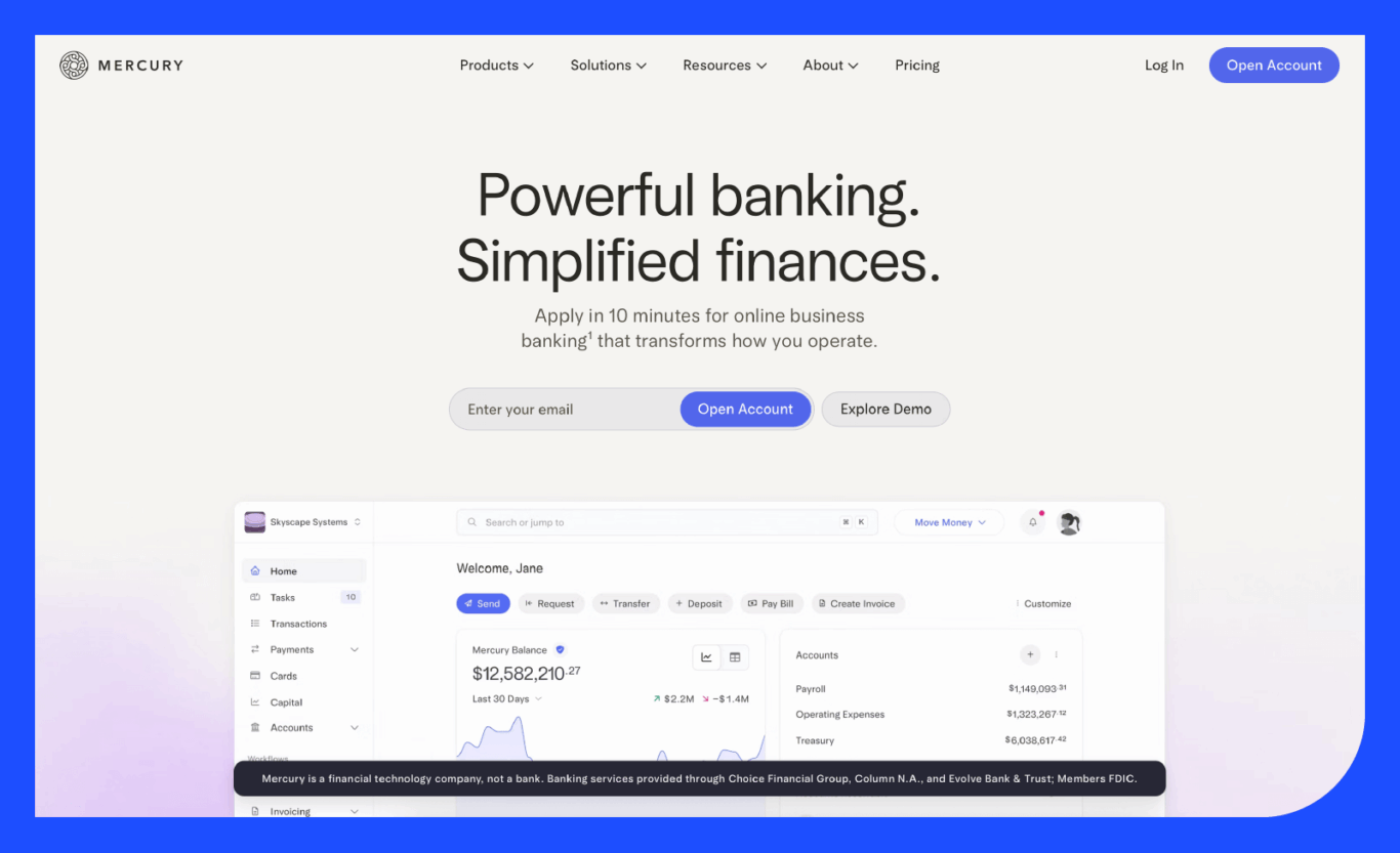 Screenshot of Mercury's home page