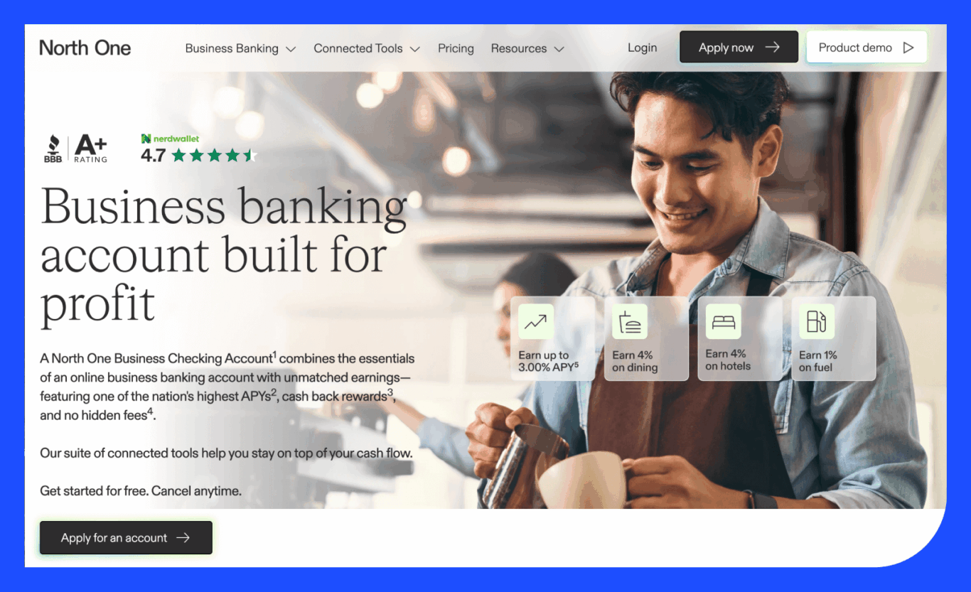 Screenshot of North One's business checking product page