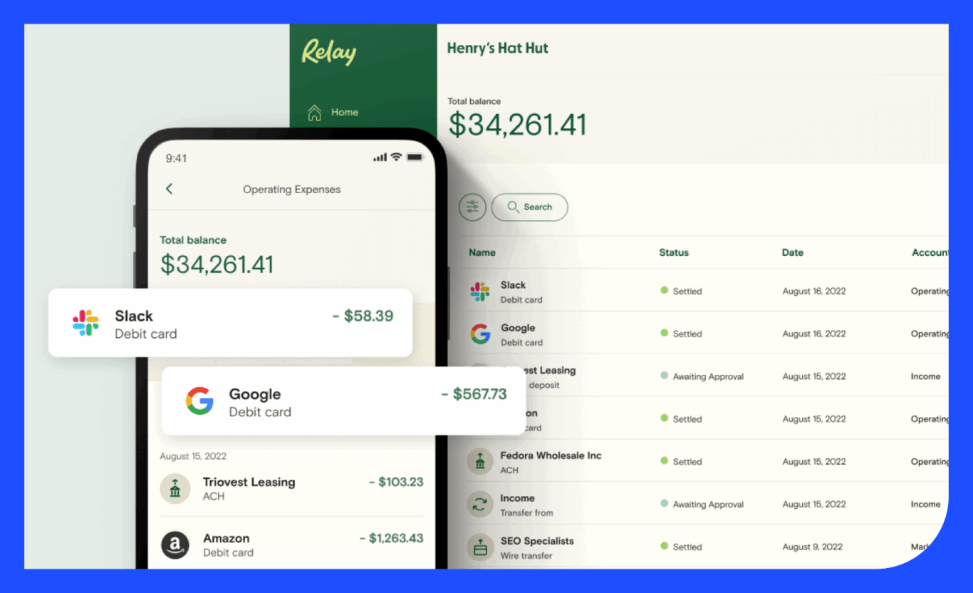 Screenshot of the Relay banking app showing an operating expenses screen on a mobile phone overlaying a desktop view.