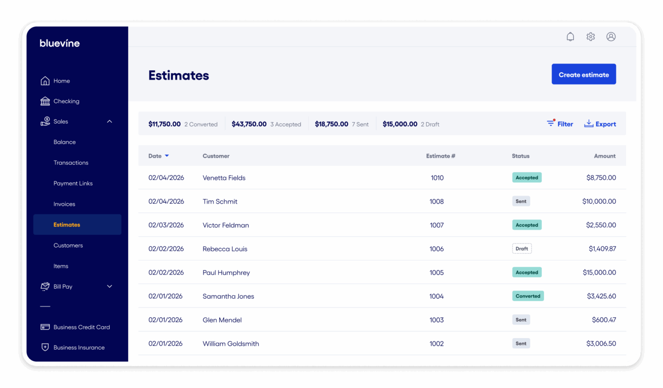 Estimates desktop view
