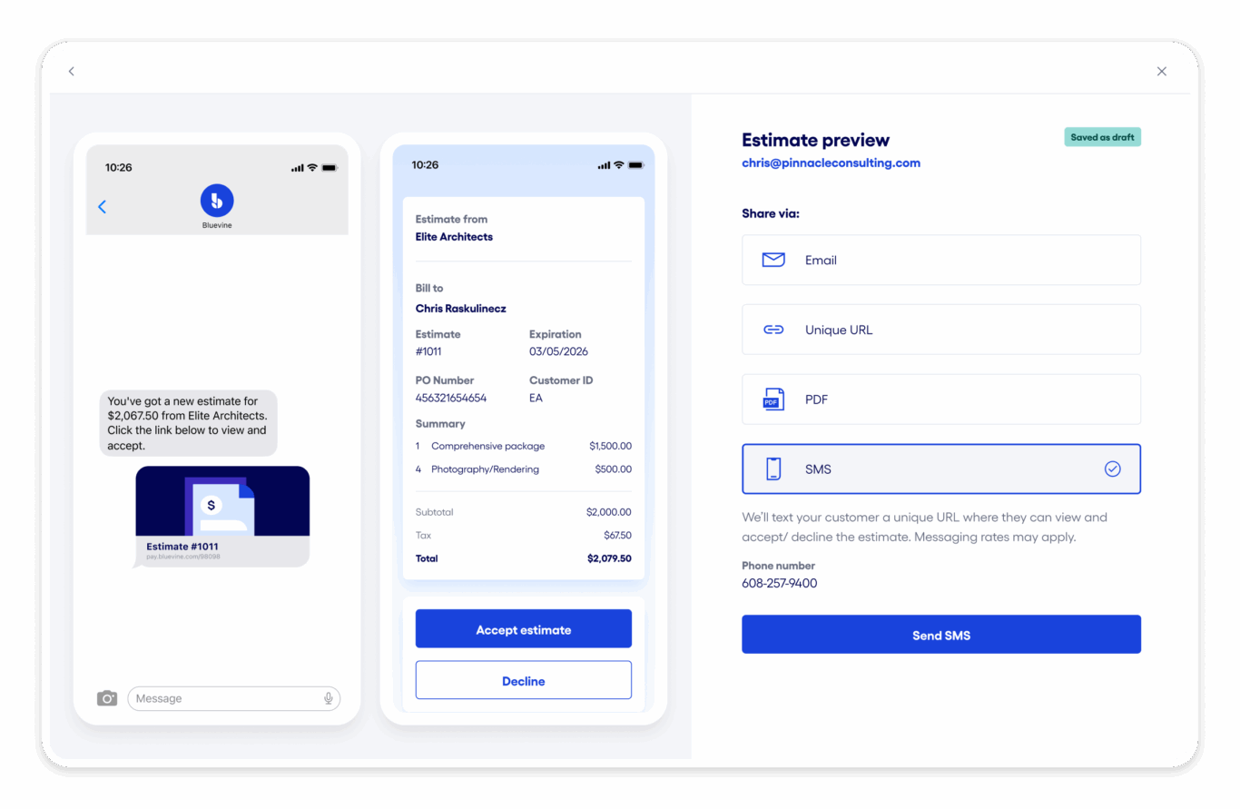 Share estimates via email, URL, PDF, or SMS